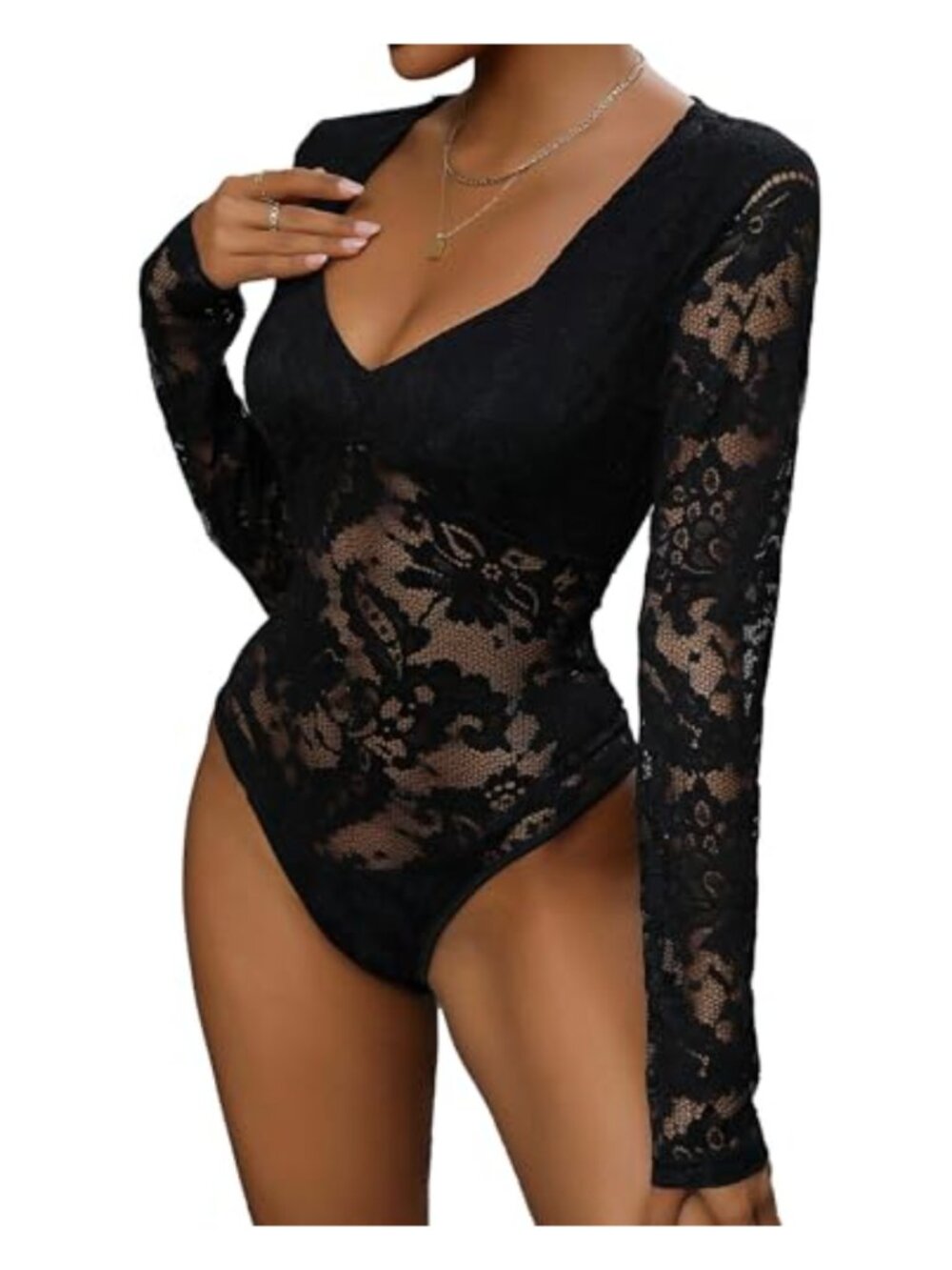Long Sleeve Mesh Bodysuit Sweetheart V Neck Lace Blouse Top